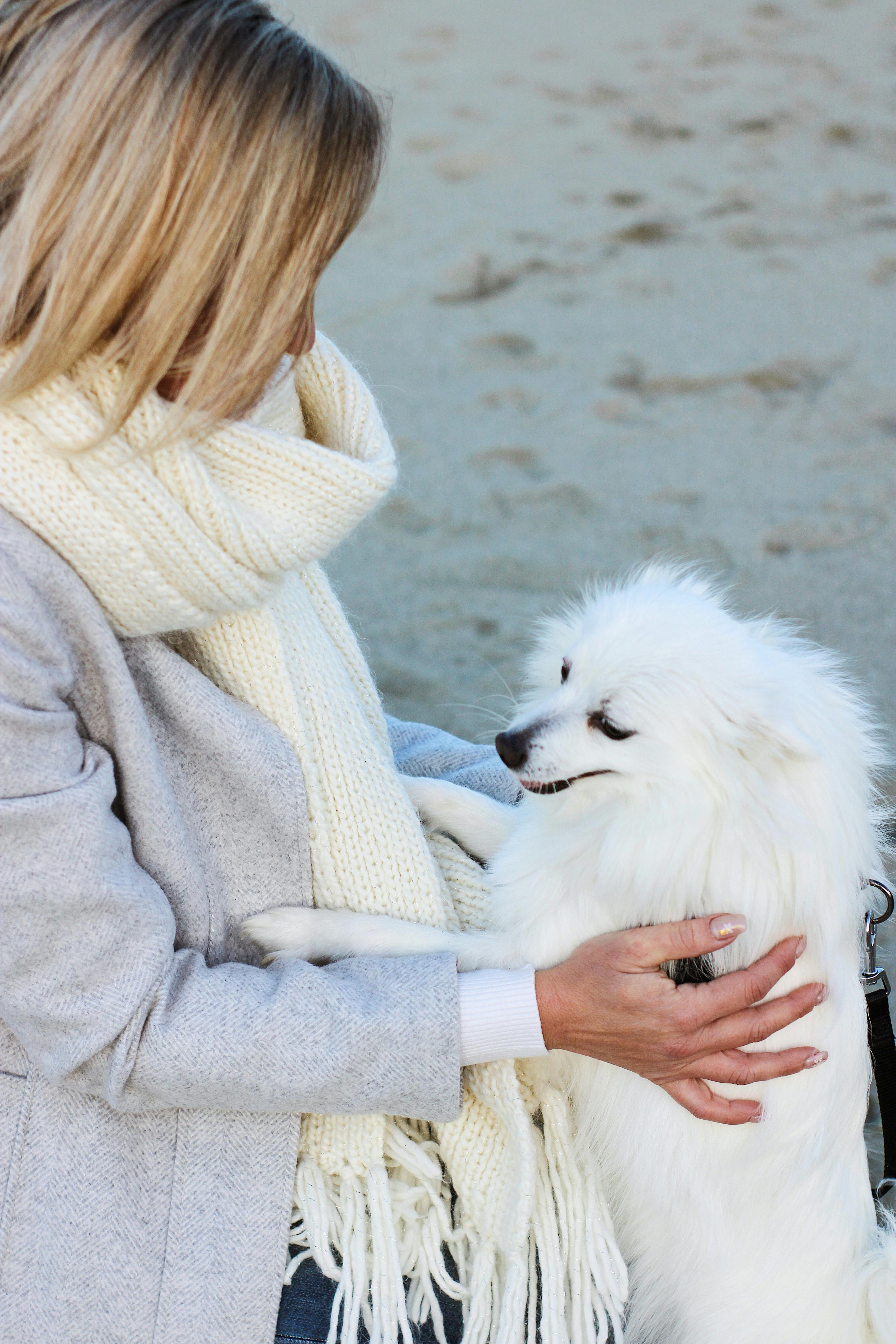 Frau mit weißem Hund am Strand
